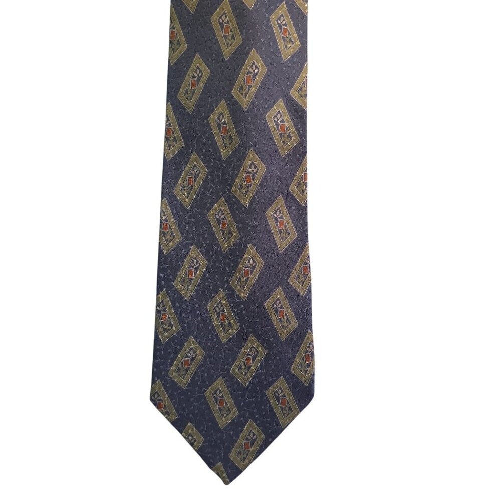Giorgio Armani Cravatte Silk Tie With Geometric Pattern Navy & Olive Made In Ita